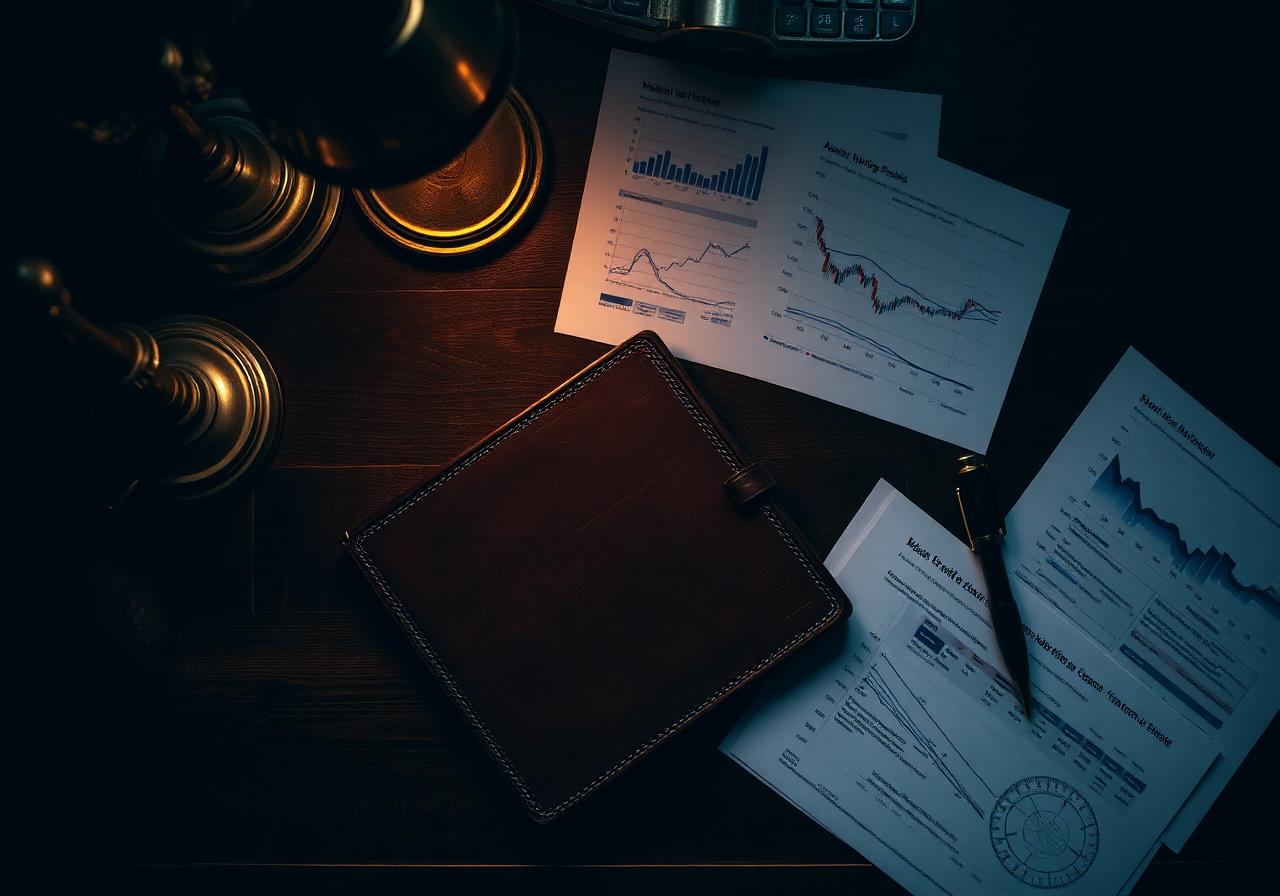 Mesa de trabalho com livro de planejamento, caneta e documentos financeiros